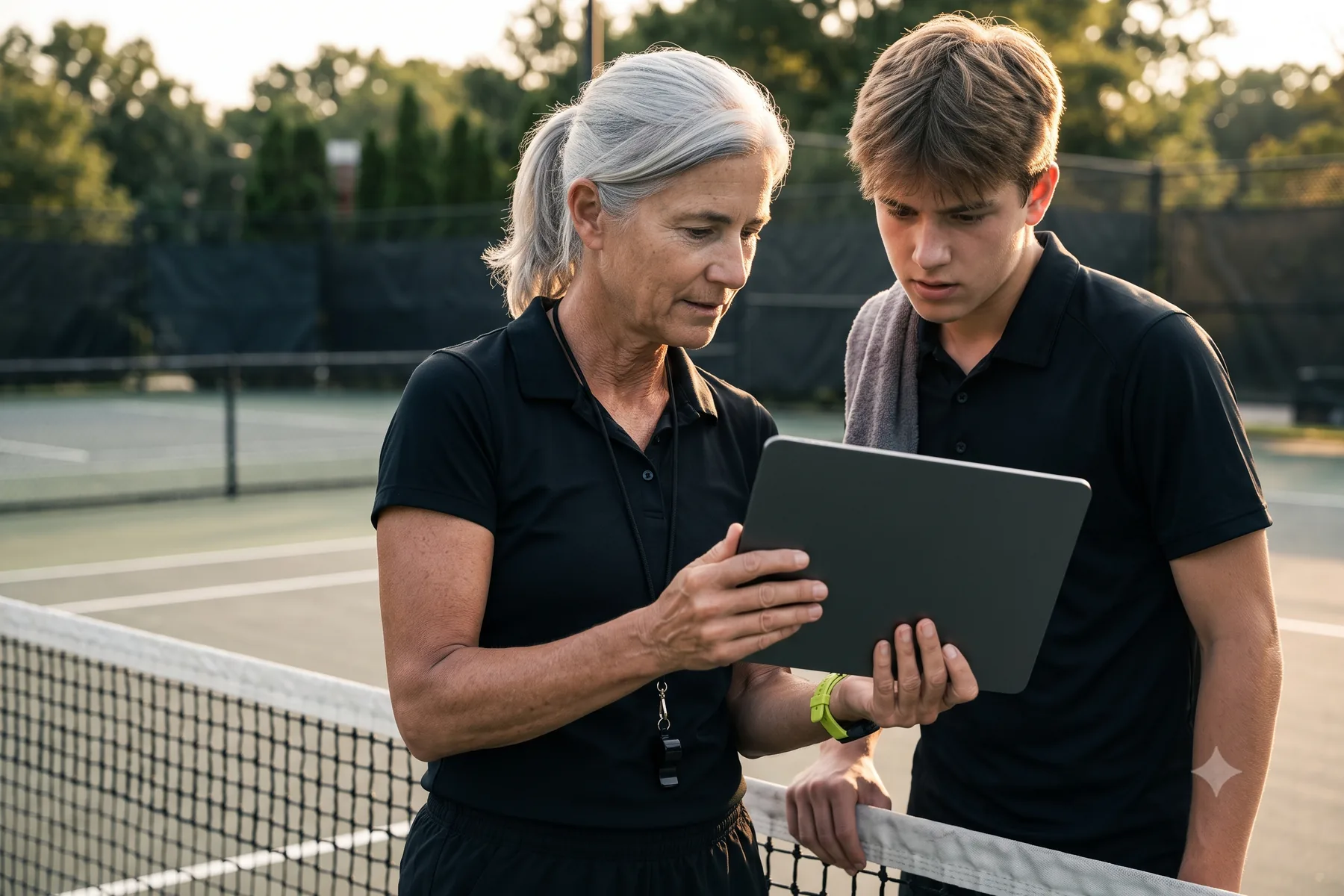Teaching pro reviewing a student's swing on a tablet courtside