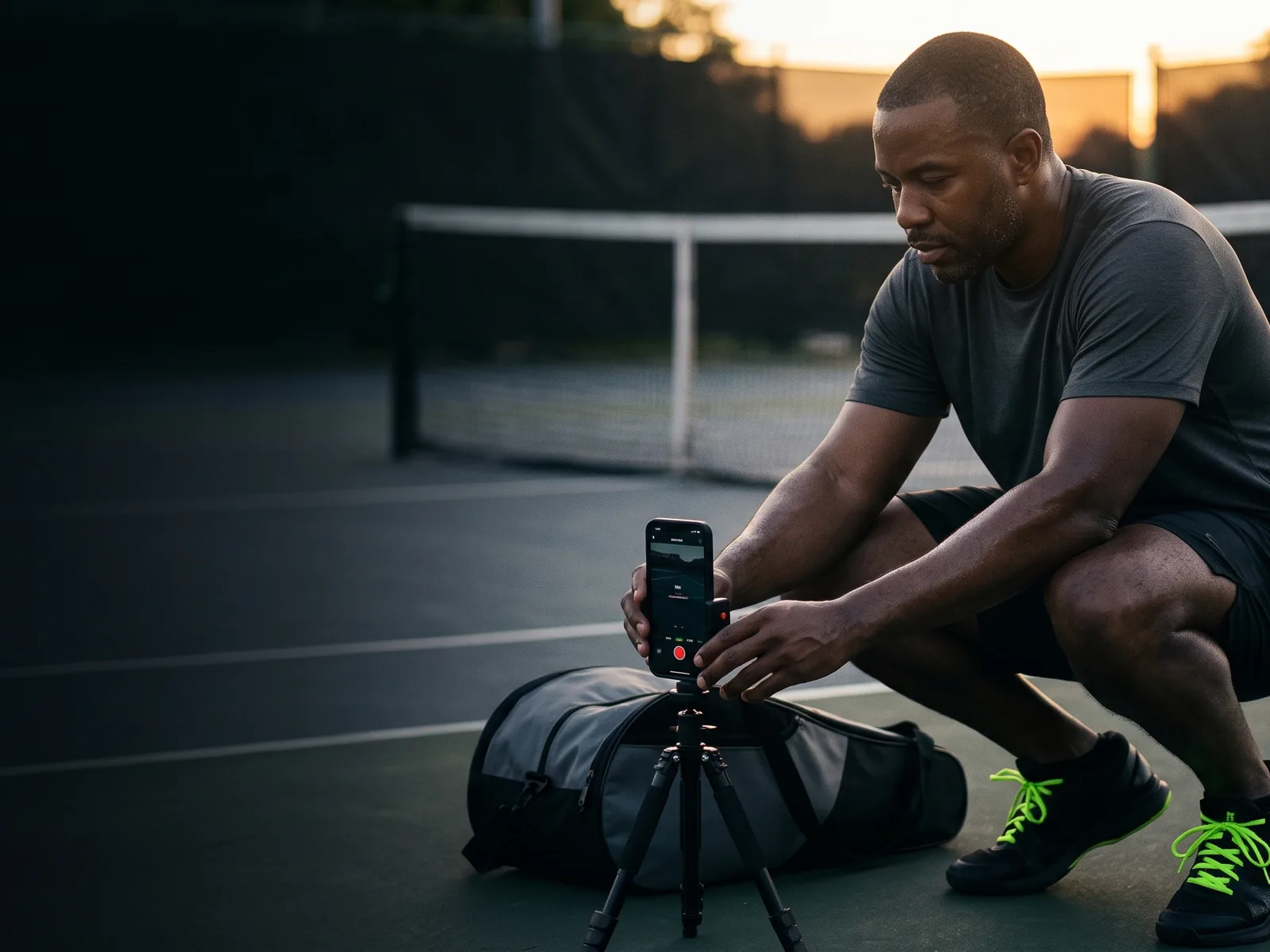 Player setting a phone on a tripod to record a swing for Courtix analysis