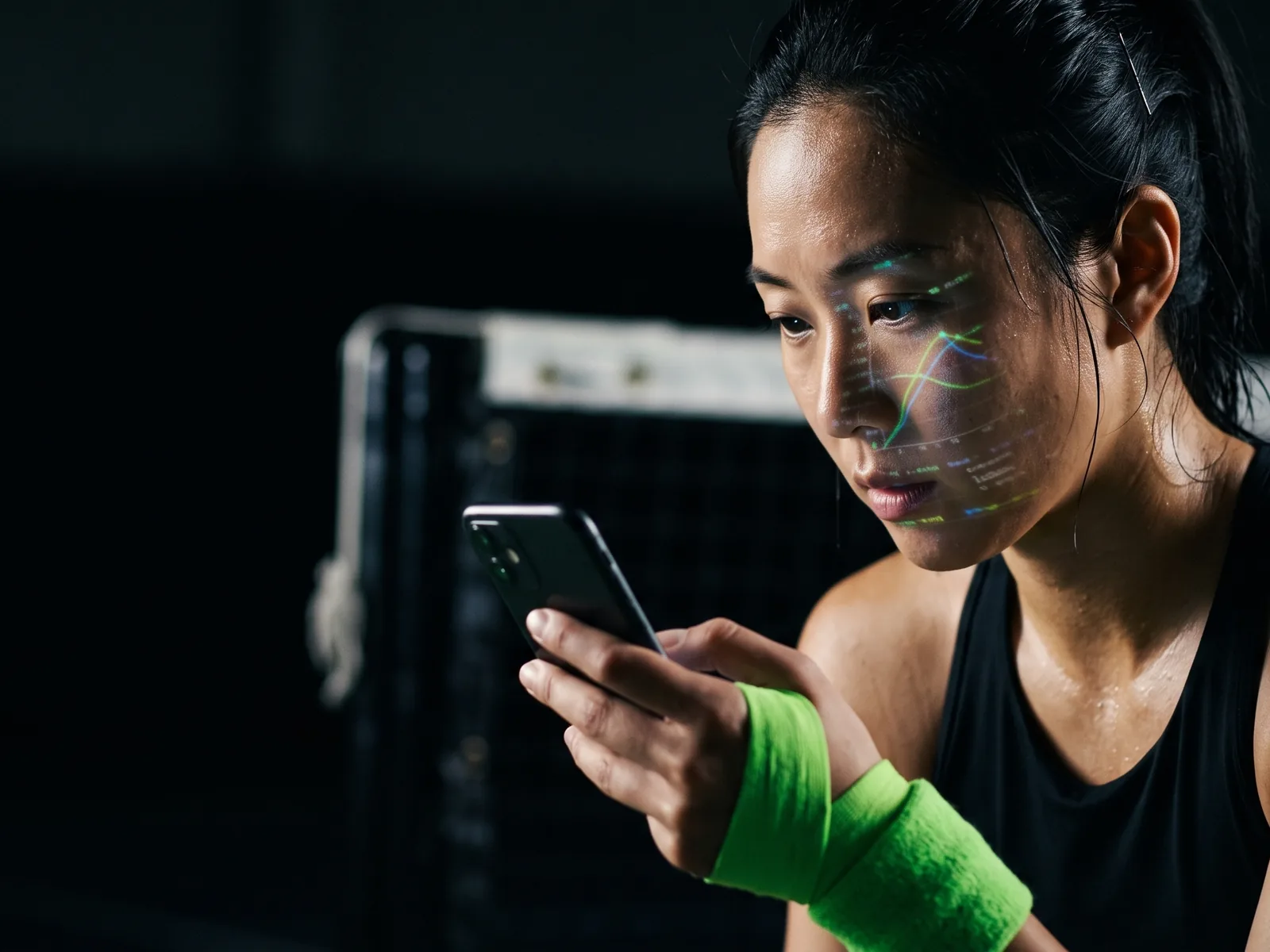 Player studying the Courtix swing analysis on her phone between points