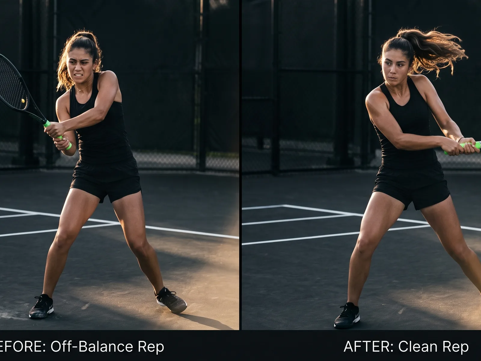 Before-and-after swing comparison — off-balance rep vs clean corrected rep
