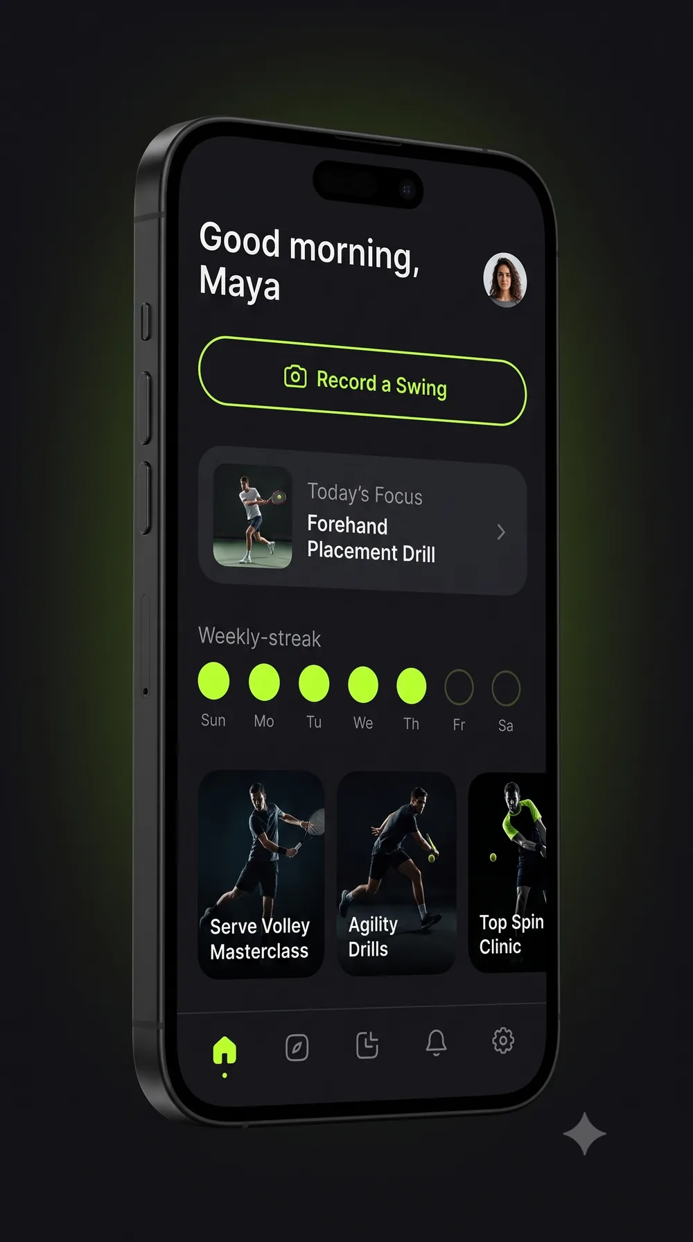 Courtix app home screen — record a swing, today's focus drill, weekly streak